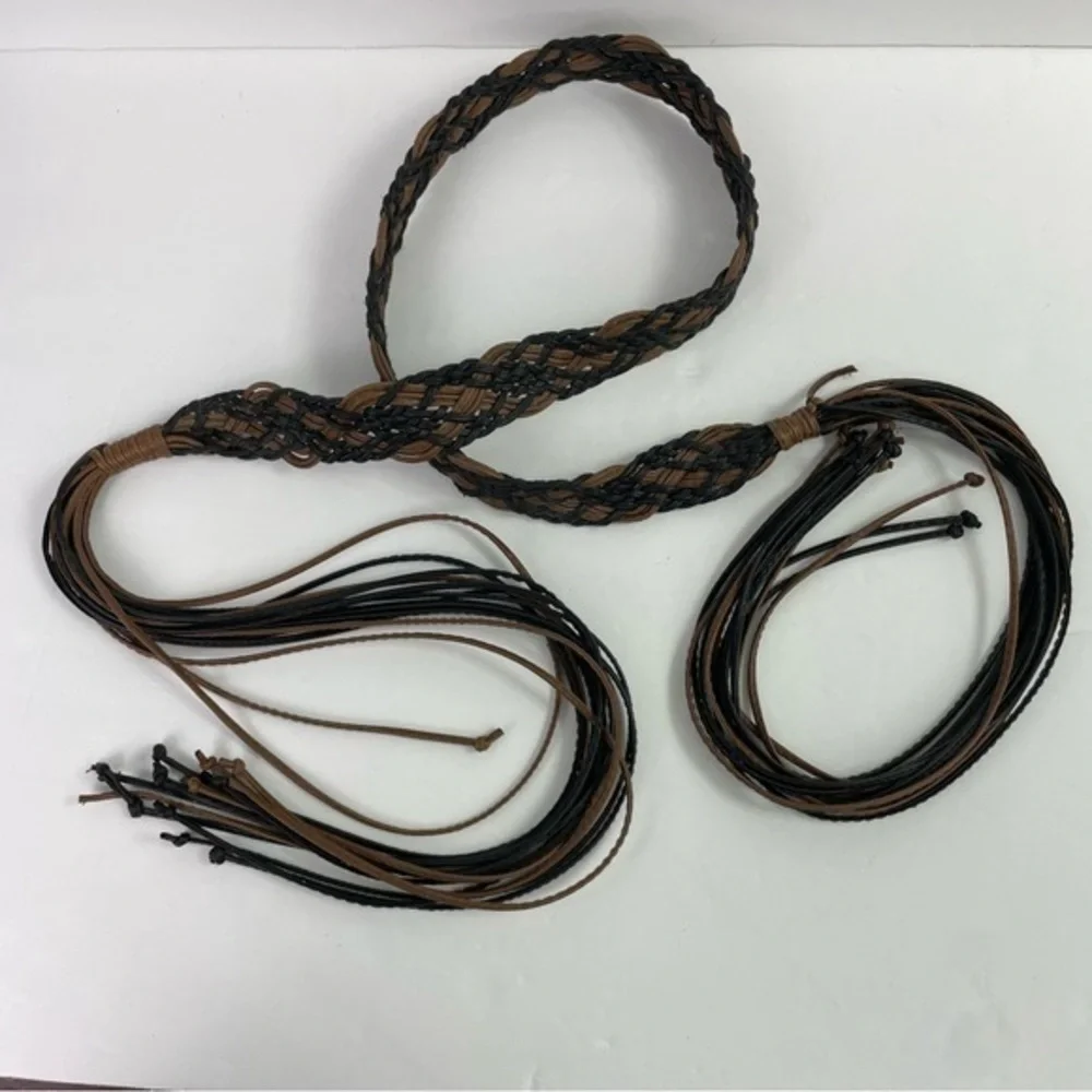 Black & Brown Braided Faux Leather Tassel‎ Tie Belt